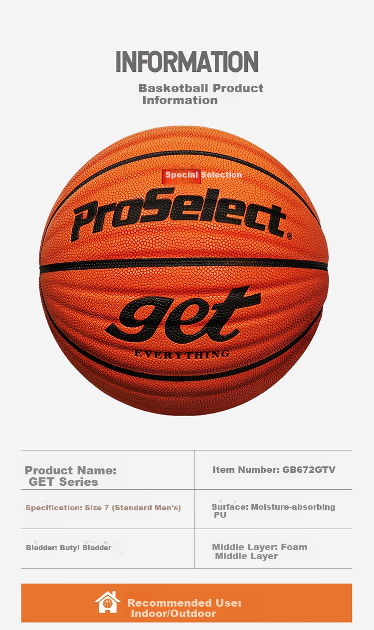 ProSelect Basketball, Size 7, Moisture-Absorbing PU Wave Pattern, Cement Court Wear-Resistant, Indoor And Outdoor Training And Competition Basketball, GB672GTV 14
