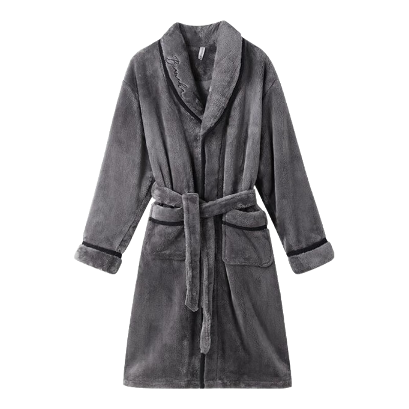 FENTENG Autumn Winter New Thickened Flannel Couple's Long Coral Fleece Bathrobe Men's Pajamas Homewear
