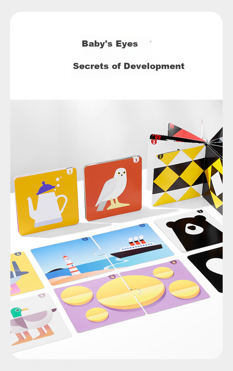 Babycare Black And White + Color Visual Tracking Training Cards, Newborn Enlightenment Early Education Cards, Educational Toys, Follow-The Cards Level 1-4 3