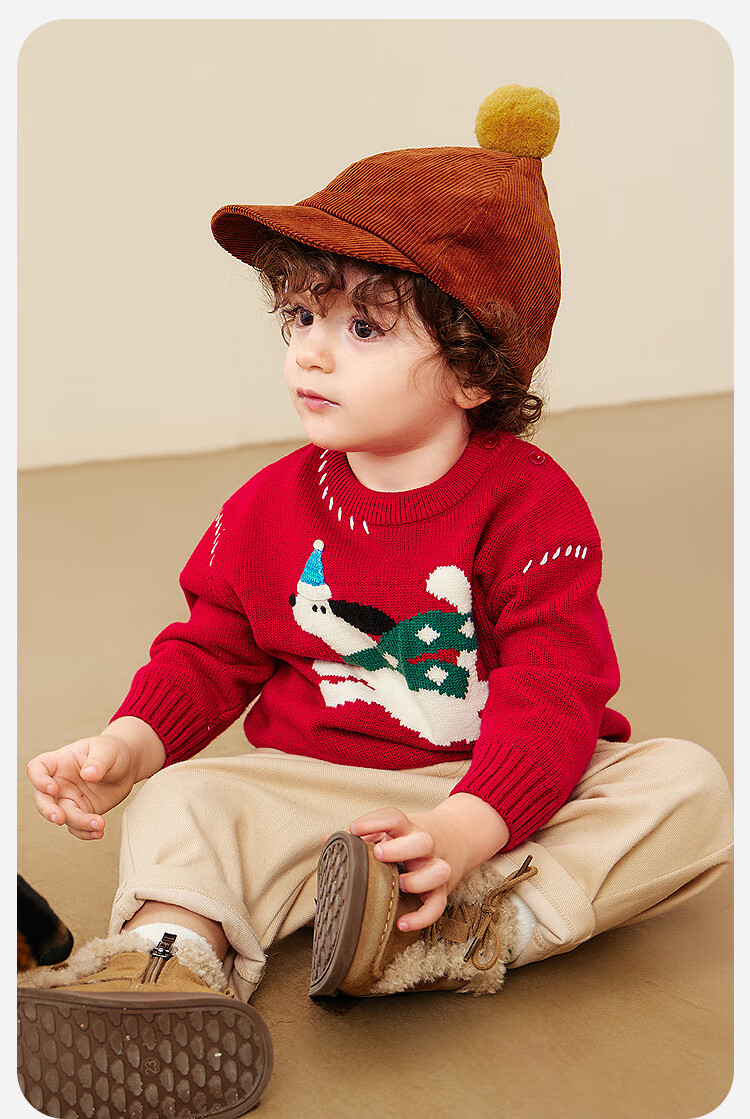 Minibala Kids Baby Sweater 2025 Winter Pure Cotton Lining Cute Animal Pattern Red Christmas Sweater 2