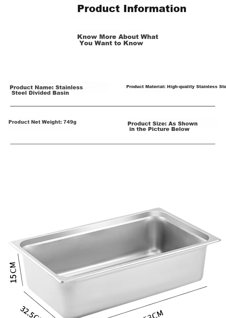 Baijie Stainless Steel Divided Plate, Square Commercial Portion Tray, 1/1 Cafeteria Serving Tray, Food Container, 15cm Fast Food Tray (Lid Not Included) 11