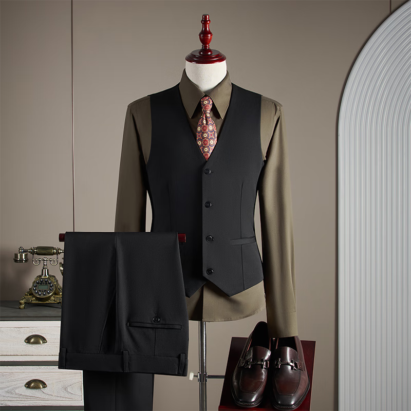 ROMON Men's Business Suit Set Blazer Vest Trousers Wedding Formal Jacket Dark Gray M