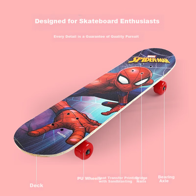 Disney Spider-Man Skateboard for Children Beginners, Four-Wheel Scooter with Double Kickboard, Birthday Gift Toy