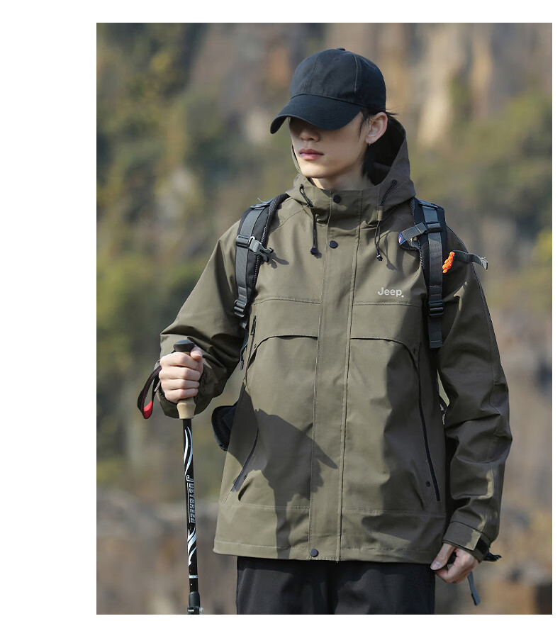 JEEP Men's Spring Casual Hooded Jacket Loose Workwear Mountain Climbing Coat Military Green 3XL 2
