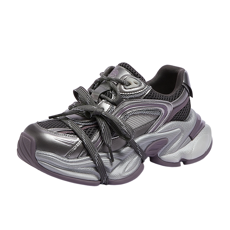 CAMEL Silver Star Dad Sneakers Women Mesh Patchwork Thick Sole Height Increasing Casual Shoes L26S283083 Gunmetal/Purple 36