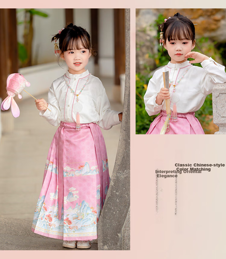 Menghu Yueqing Mountain Hanfu Girls' Spring New Style Children's Chinese-Style Ancient Costume Ming Dynasty Horse-Face Skirt Set, Pink Horse-Face Skirt, Size 100 4