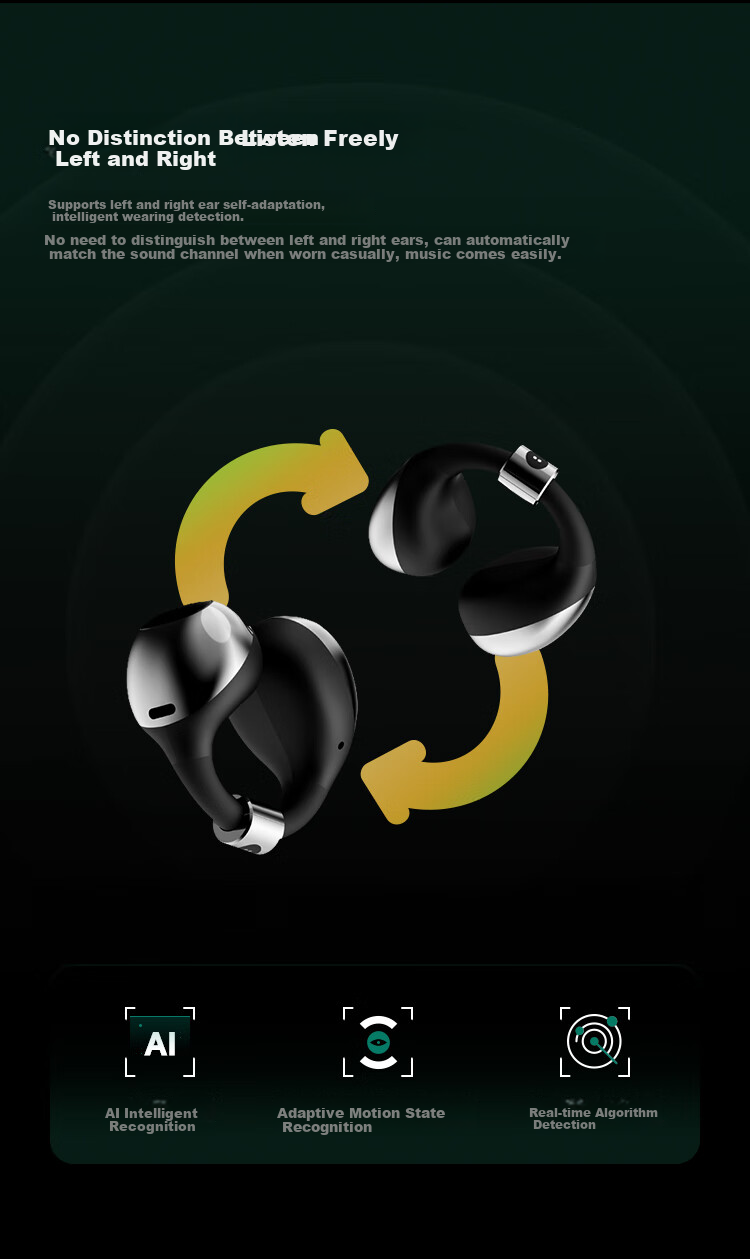 BUTTONS CLIP Bluetooth Headphones with Ear Clips, Open-Air AI Bone Conduction Wireless Sports Ear Hooks, Call Noise Reduction Microphone, Black And Silver Color, Gift for Men And Wome 4