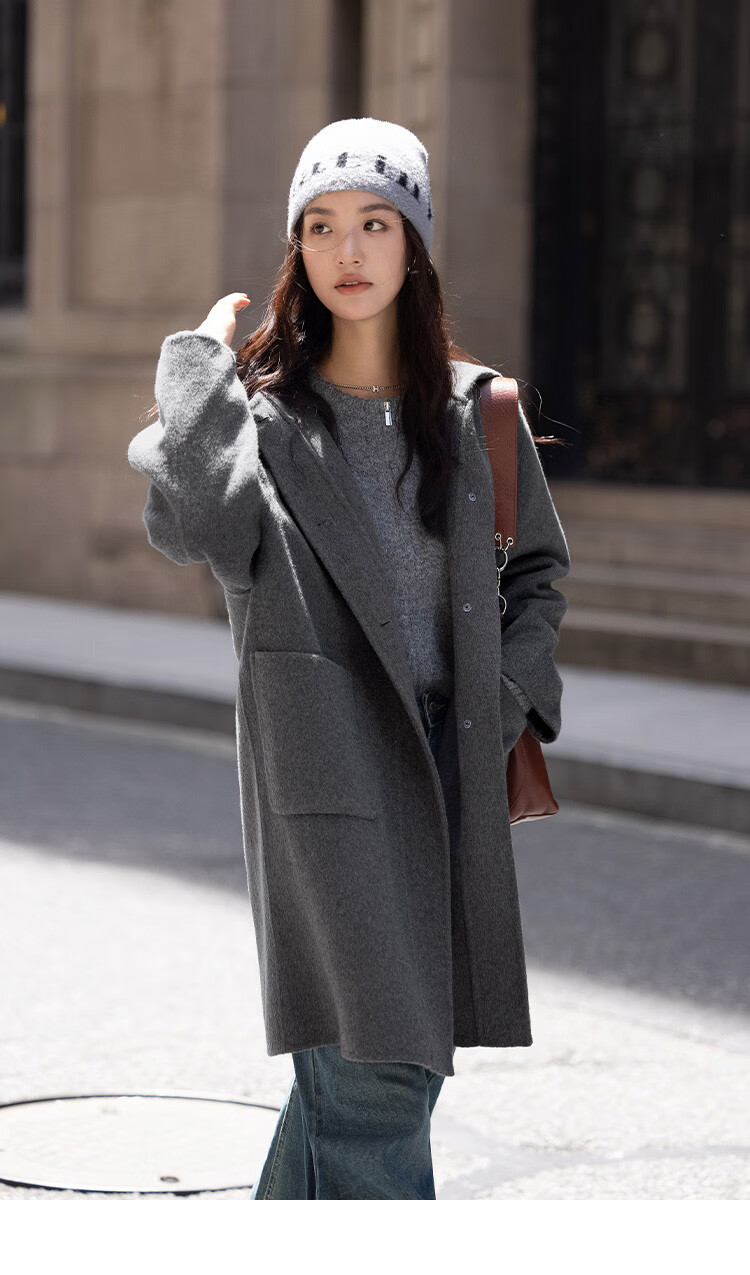 Demana College Style Winter Hooded Long Sleeve Mid-Length Wool Coat with Front Pockets and Open Placket 9