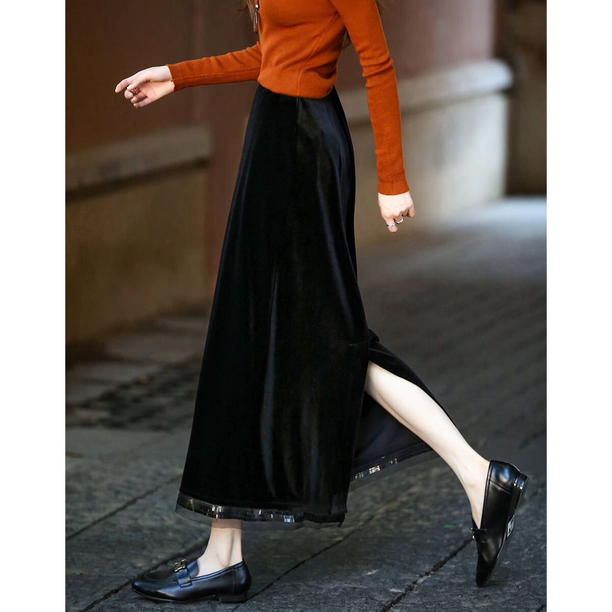 Demana Velvet Whisper Autumn Glossy Sequin Patchwork Straight Cut Elastic Waist Slimming Petite Women's Skirt