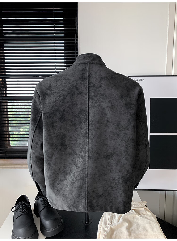 IZEXX Men's American Style Tie-Dye Jacket Autumn Winter Stand Collar Trendy Shoulder Motorcycle Leather Jacket ZGJ58 Black XL 6