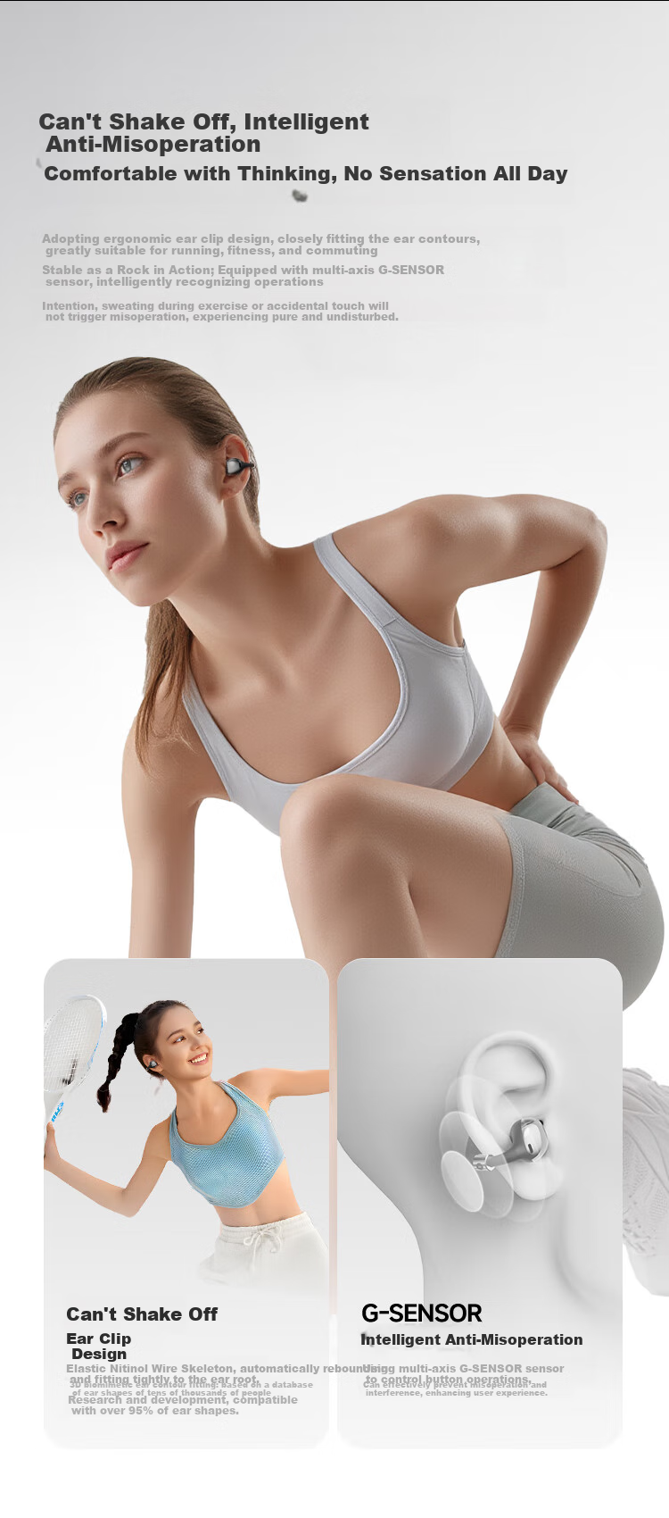 BUTTONS CLIP Bluetooth Headphones with Ear Clips, Open-Air AI Bone Conduction Wireless Sports Ear Hooks, Call Noise Reduction Microphone, Black And Silver Color, Gift for Men And Wome 2