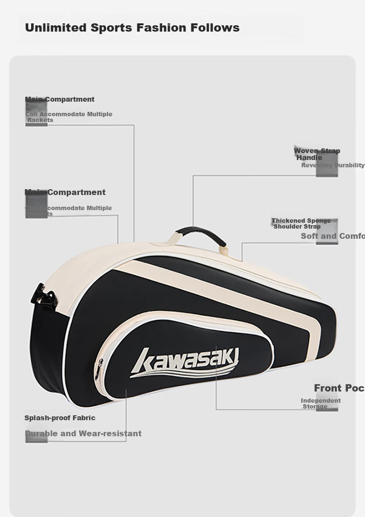 KAWASAKI Badminton Bag, Borderless Retro Handbag, 6-Racket Capacity, Large-Capacity Sports Bag, Tennis Bag C8612, Brow 2