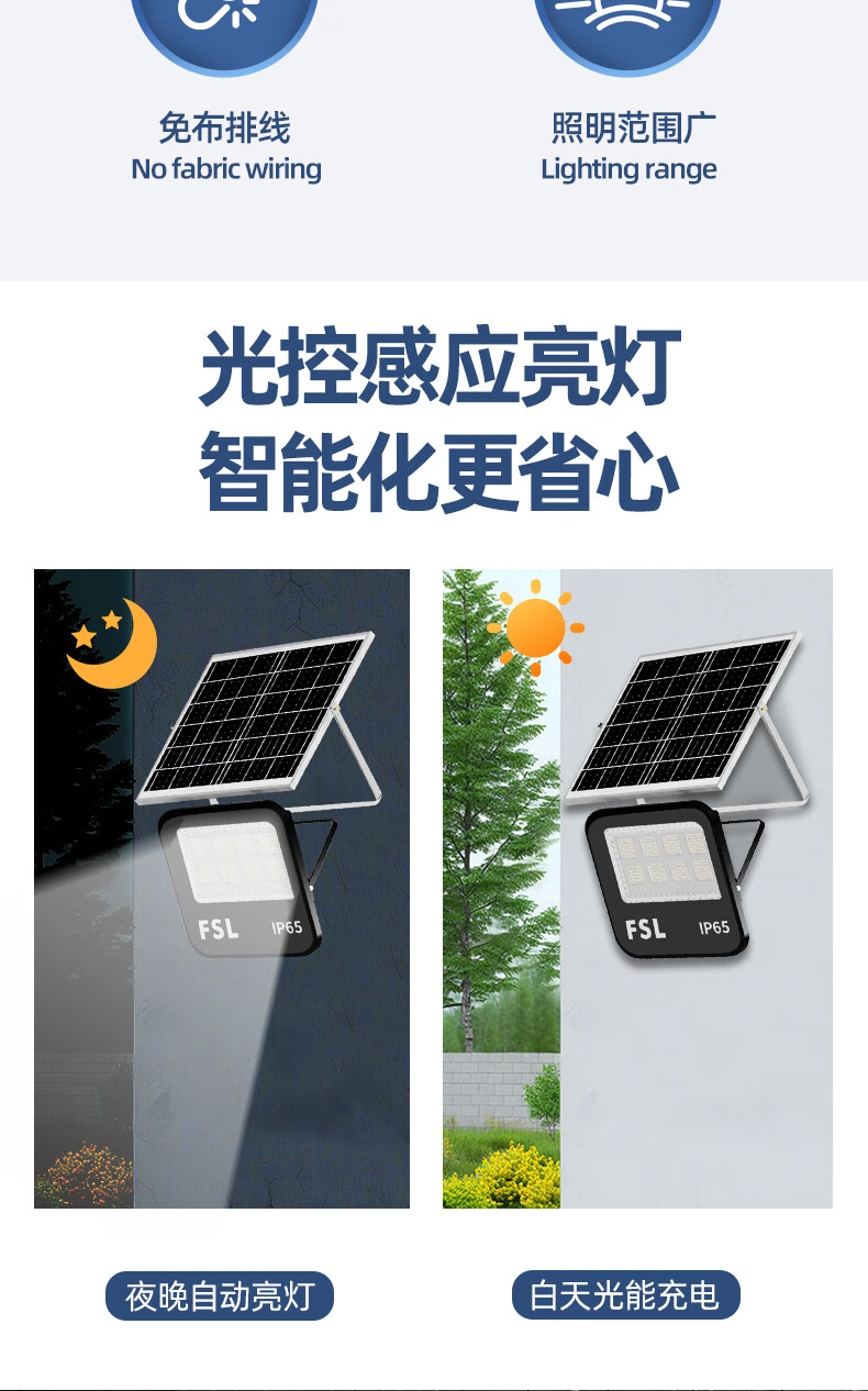 FSL Foshan Lighting LED Solar Outdoor Light Waterproof IP65 Floodlight Smart Light Control Remote Dimming Timer Super Bright Street Light 192lm Battery 4000mA + 2.2m Charging Cable 3