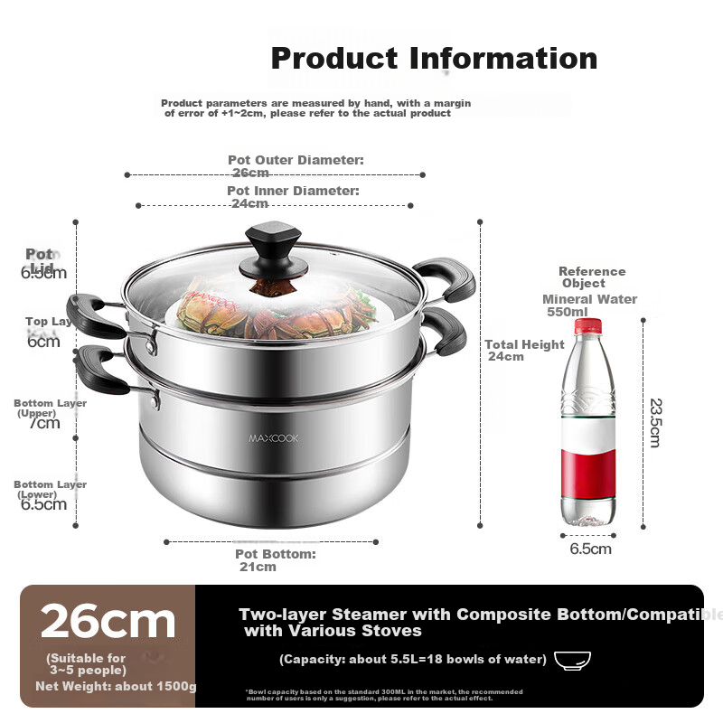 MAXCOOK Stainless Steel Steamer Pot, 26CM Two-Layer Base, Compatible with Gas And Induction Stoves