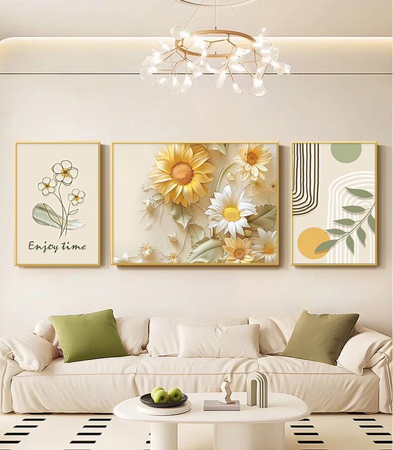 Mao Jiu Jiang Cream Style Living Room Decorative Painting Luxury Sofa Background Wall Floral Bedroom Headboard Triptych Wall Art 2