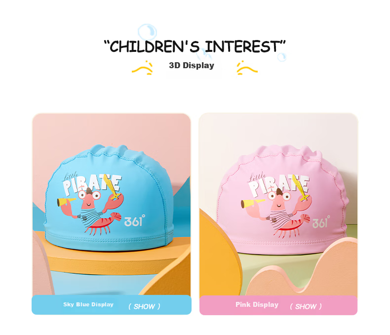 361° Children's Swimming PU Cap, Sports Hat for Boys And Girls, Fashionable Cute Cartoon Waterproof Comfortable Non-Binding Swimming Cap, Pink 4