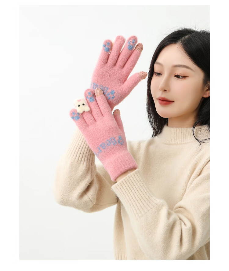 XUEXIMAN Plush Knitted Five-Finger Gloves Women's Winter Warm Thickened Student Touchscreen Cycling Cold Windproof Gloves 4
