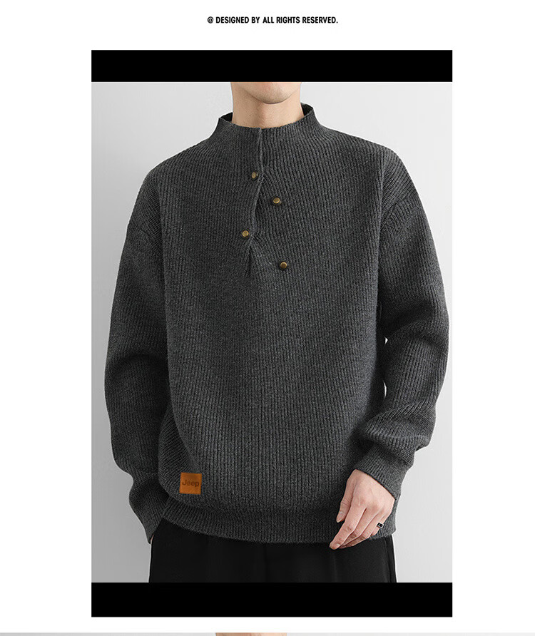JEEP Men's Winter Thickened Half Turtleneck Sweater Black L 1