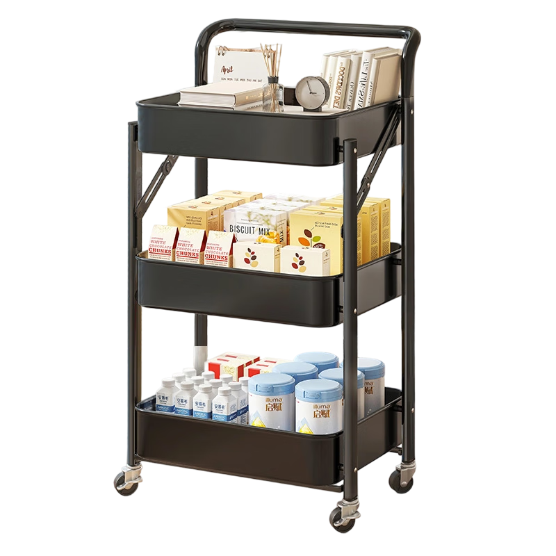 Yupin Floor Storage Rack Cart Living Room Snack Storage Shelf Kitchen Layered Rack Black with Handle 3-Tier ZW295