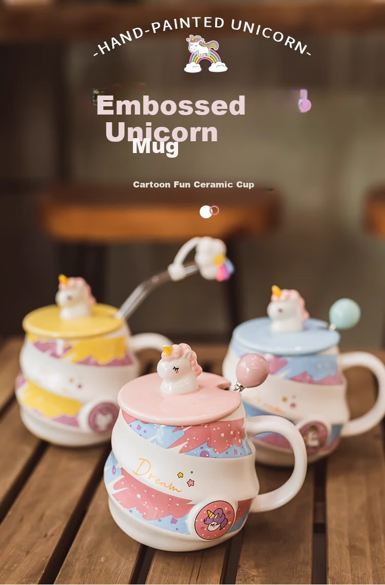 PINYU Mug, Coffee Cup, Ceramic Water Cup, Birthday Gift with Lid And Spoon, Pink Unicorn Design, 400ml Capacity 1