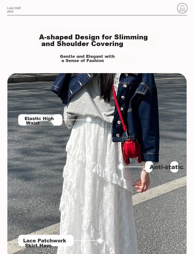 LangSha White Midi Skirt for Women, Summer New Style Versatile High-Waist A-Line Long Skirt with Design-Inspired Patchwork Lace Cake Skirt 4