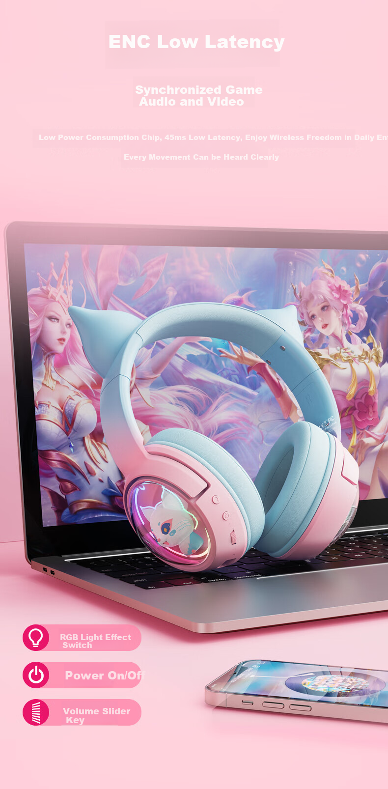 ONIKUMA Wireless Bluetooth Headphones with Microphone, Noise-Cancelling, for Women's Online Classes, Music, Gaming, Three-Mode Headphones, Suitable for Live Streaming, Computers, Tablets, Cute Cat Ears Design, Birthday Gift 4
