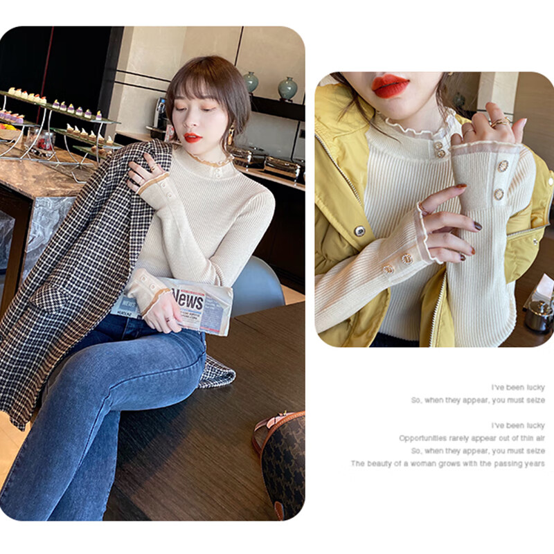 LangSha Women's Sweater Autumn Winter 2025 New Stylish Knitwear Semi-Turtleneck Slim Lace Fleece Lined Base Shirt