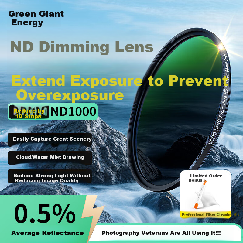 Llano ND Filter, Neutral Density Filter ND1000 (10 Stops), 37mm Filter, Medium Gray Density Filter for DSLR Cameras, Long Exposure Filter, Suitable for Canon, Nikon, Sony