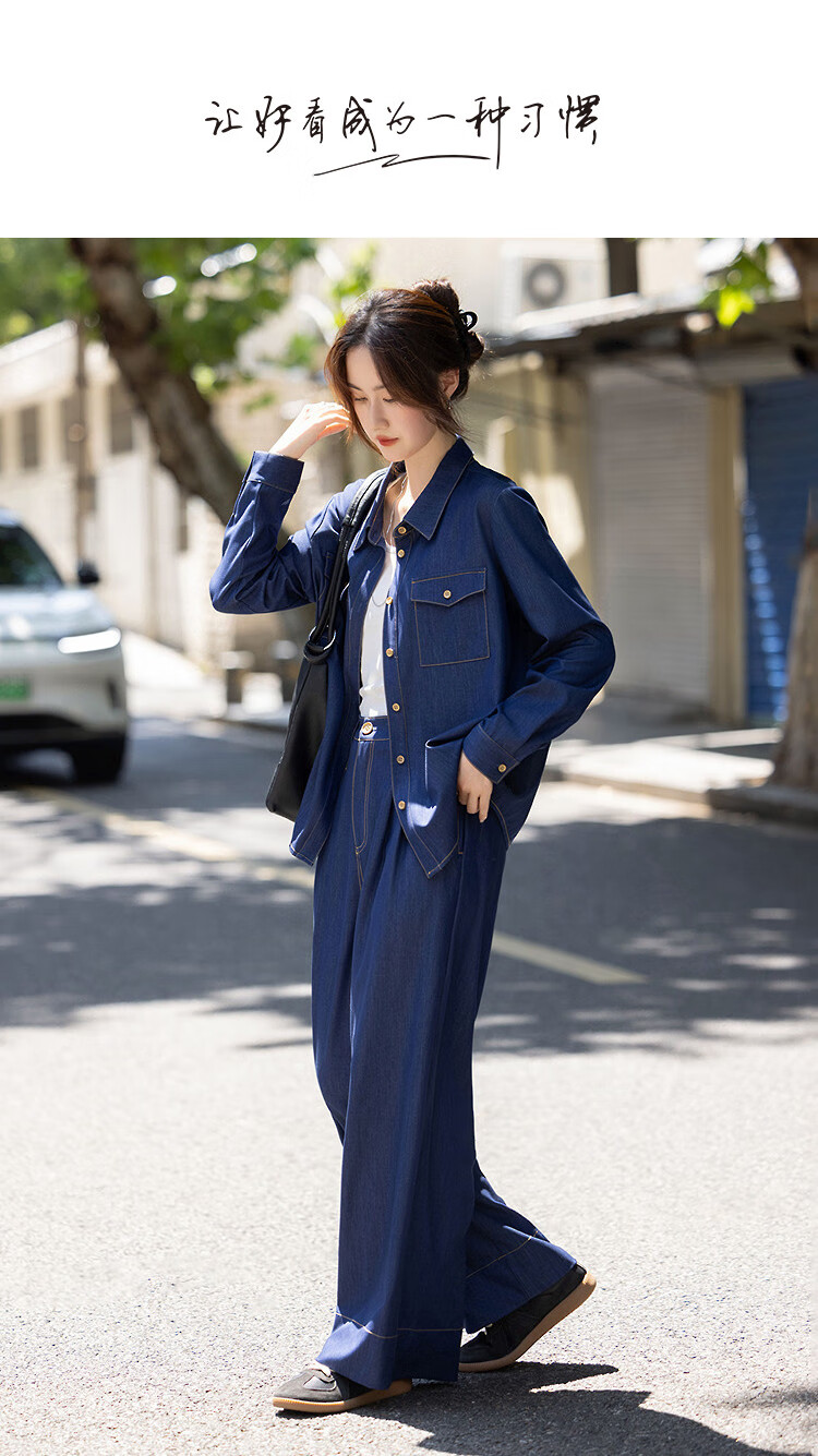 Demana Japanese Style Set Autumn Lapel Large Pocket Loose Shirt Half Elastic Waist Wide Leg Pants Women's Two-Piece Set 1