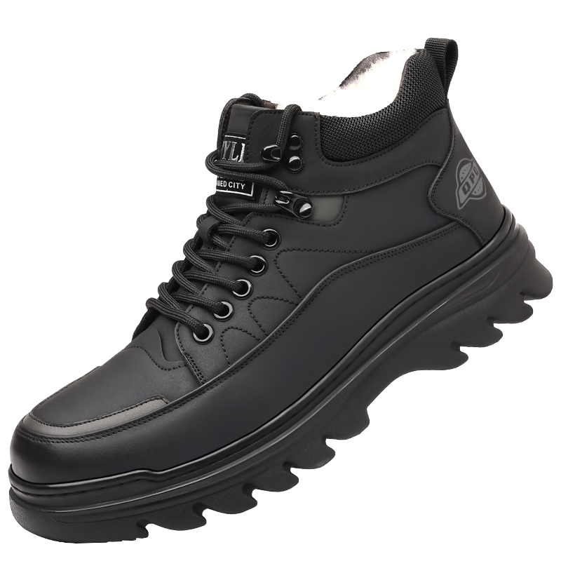 Hengyuanxiang Men's First Layer Cowhide Lace-up Martin Boots Autumn Winter Fleece Cotton Shoes J6723 Black Size 44