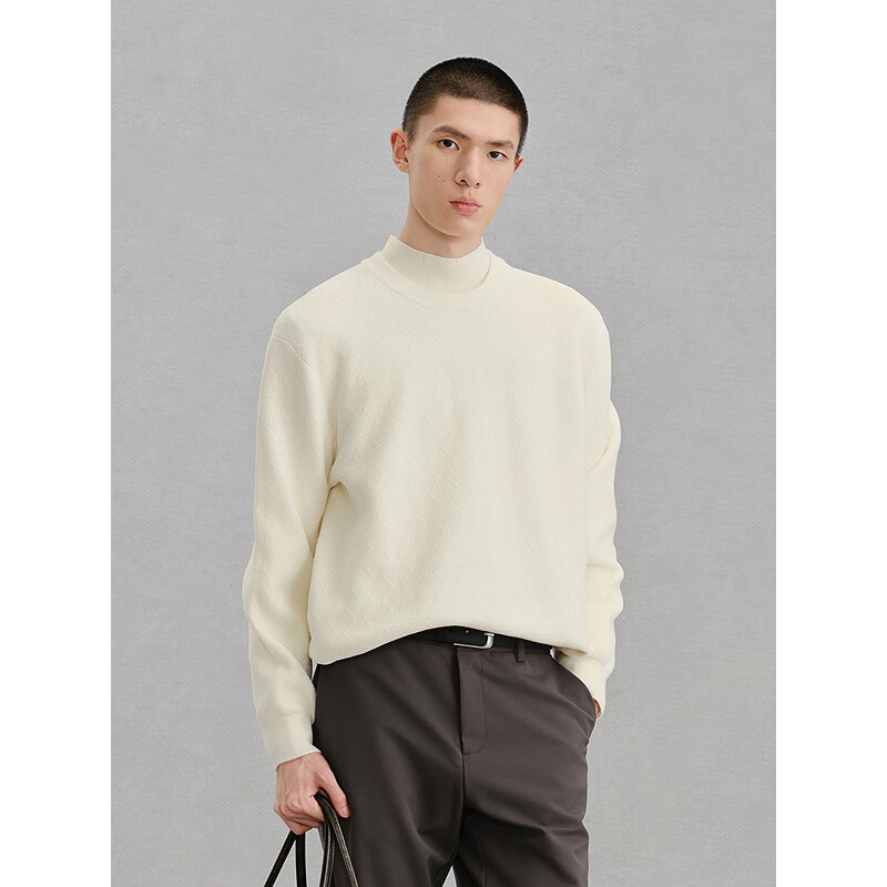 GXG Men's White Textured Jacquard Sweater Commuter Knitwear Off-White 180/XL