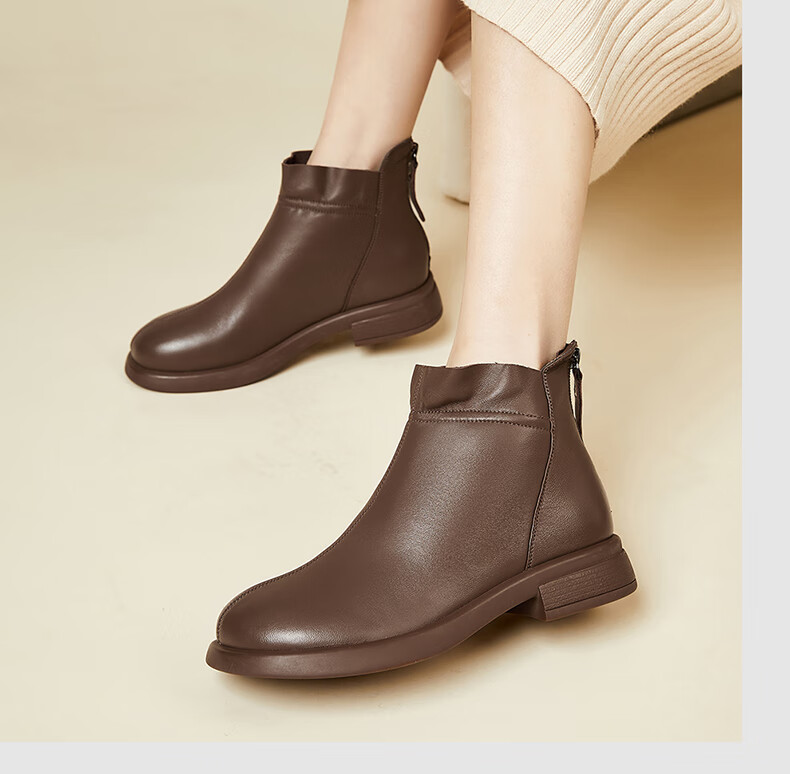 Fugui Bird Genuine Sheepskin Leather Ankle Boots Women Autumn Winter Fleece Lined Warm Fashion Boots Round Toe Chunky Heel Black Fleece Lined Size 37 7