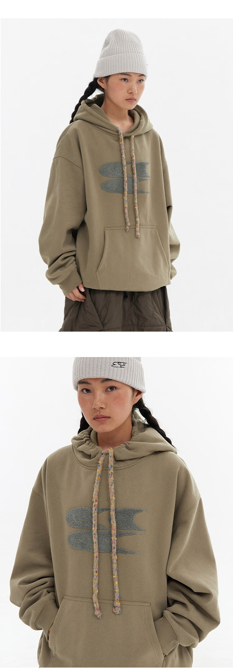 Crying Center Autumn Winter Hooded Logo Polka Dot Drawstring Fleece Thickened Sweatshirt Khaki Gray XS 11