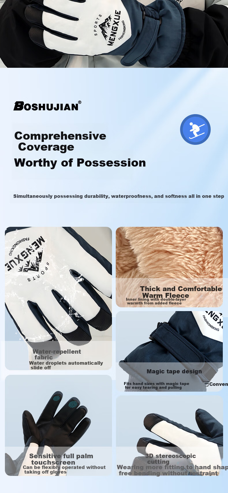 BOSHUJIAN Winter Gloves for Cycling And Skiing, Thickened Warm Gloves for Men And Women Students, Water-Repellent Windproof Cold-Resistant Winter Gloves 2