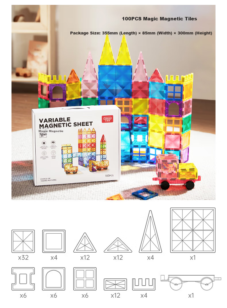 Beienshi Children's Building Blocks Toy, Magnetic Tiles with Colored Windows, for Ages 3-6, Assembly Puzzle, Birthday Gift, 100 Pieces 14