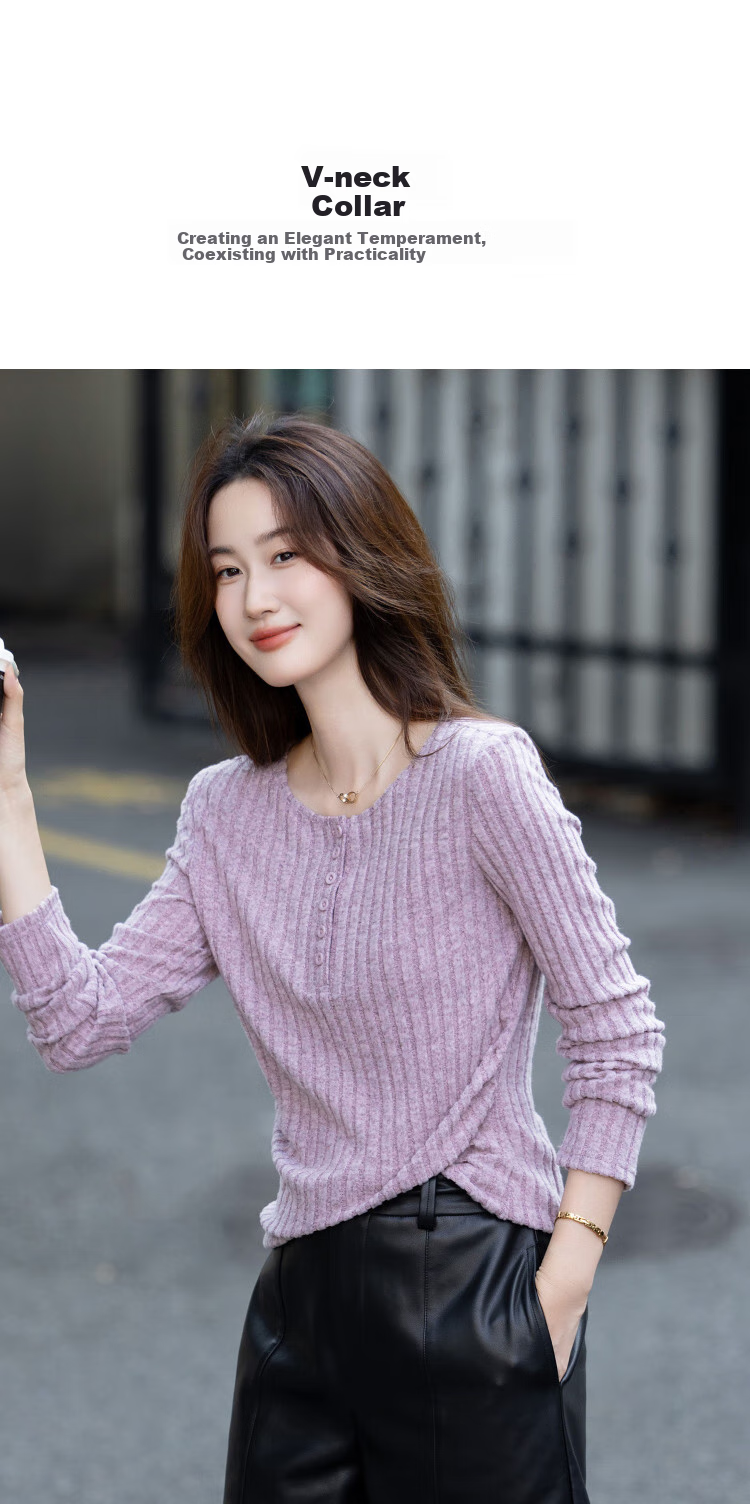 Dme [Jingshu Representative], Autumn Intellectual Commuter Button-Up Decorative V-Neck Lace Patchwork Slim-Fit Women's T-Shirt 3