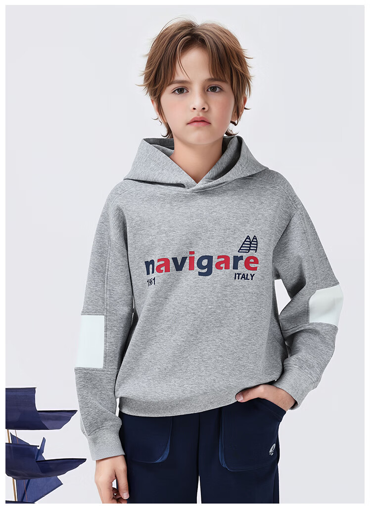 Navigare Boys' Hoodie Spring Children's Hooded Sweatshirt Student Casual Fashion Sailboat Letter Navy Blue 165 15