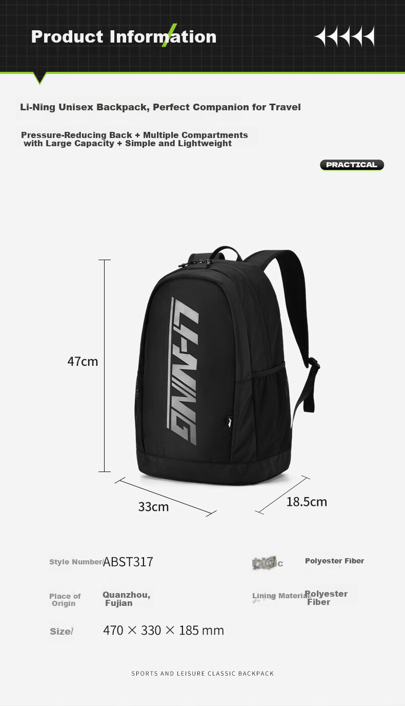Li-Ning Backpack Badminton Racket Bag Multifunctional Large Capacity School Bag for Men And Women Outdoor Travel Bag Black 8