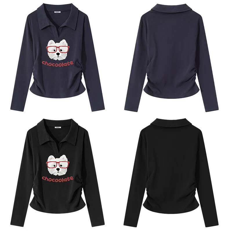 :CHOCOOLATE IT Lazy Style Polo Collar Long Sleeve T-Shirt Women Cute Puppy Print Waist Cinched Collar Top White S 2