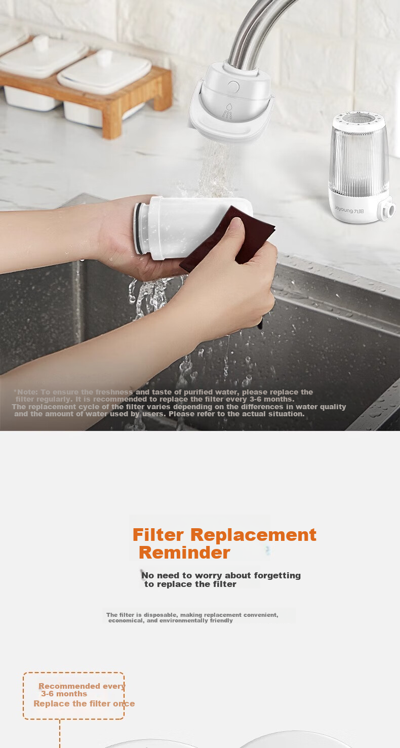 Joyoung Faucet Water Purifier, Removes Residual Chlorine, Dual Outlet, One Machine with Four Cartridges, Transparent Window, Thickened Filter Cartridge T26 6
