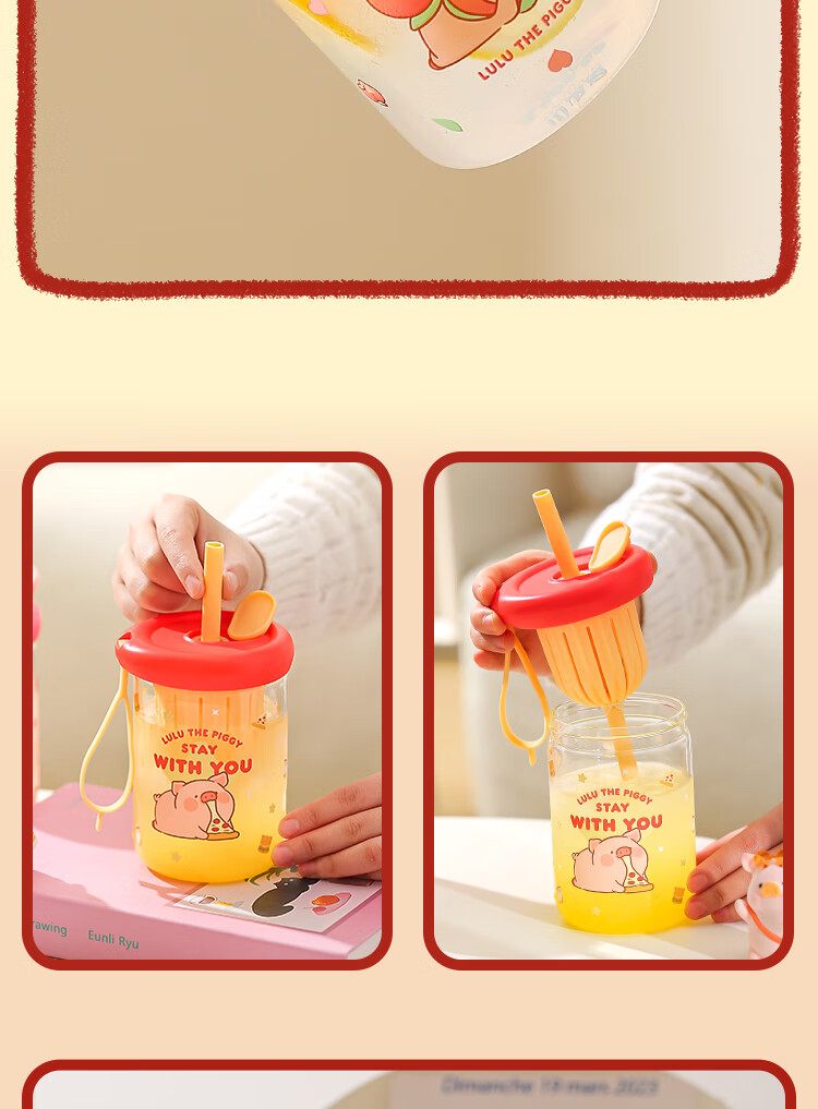 KAWASIMAYA & Lulu Pig Collaboration Glass Cup Women's High-Value Tea Separation Straw Cup Juice Coffee Cup Pink Edition 3