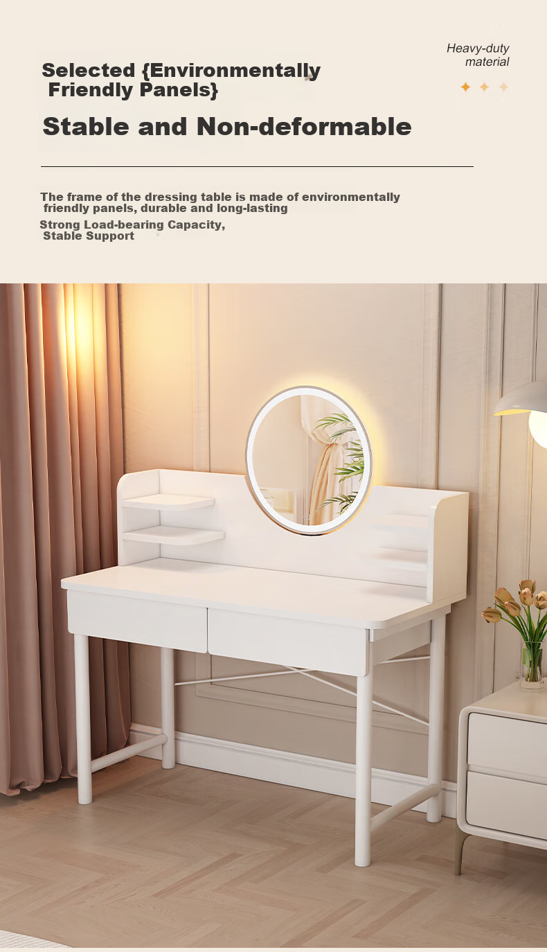 OLENOUFENG Dressing Table, Modern Minimalist Bedroom Vanity, Compact Luxury High-End Makeup Desk with LED Light And Dressing Mirror 7