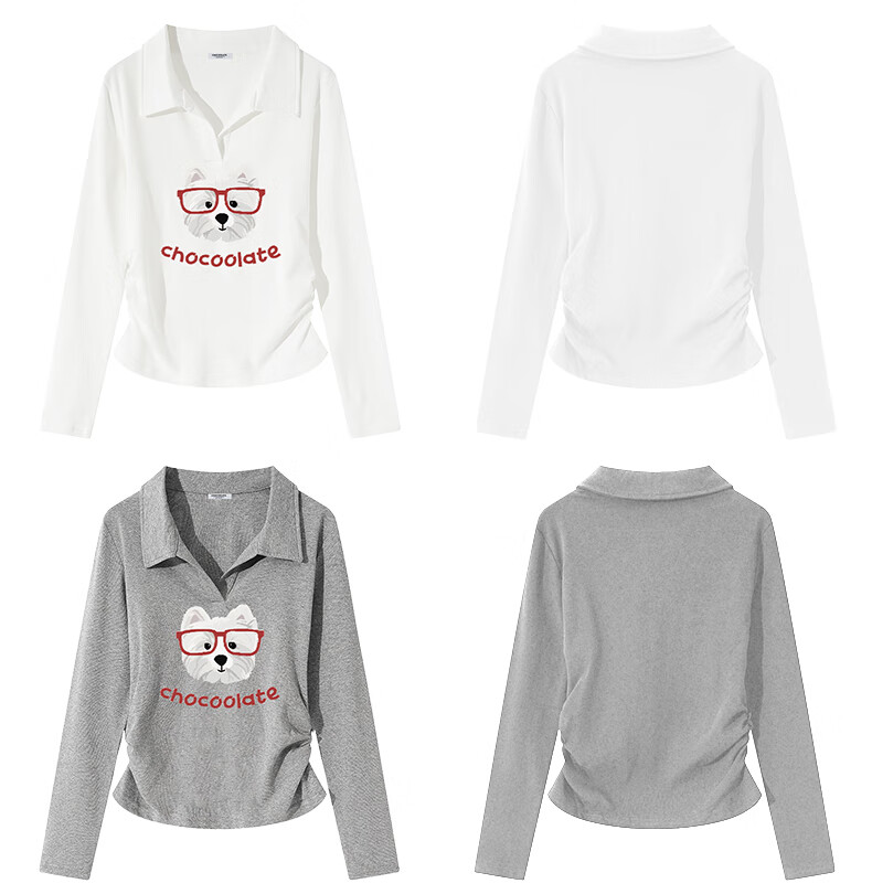 :CHOCOOLATE IT Lazy Style Polo Collar Long Sleeve T-Shirt Women Cute Puppy Print Waist Cinched Collar Top White S 1