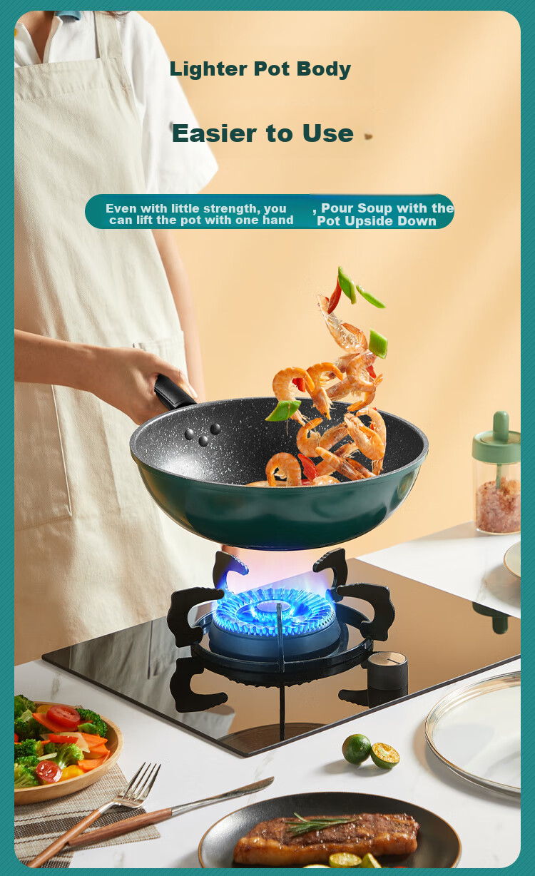 COOKER KING Cookware Set Non-Stick Wok And Frying Pan Two-Piece Set Easy-Clean Compatible with Induction Cooker Green Pot BG01TZ 4