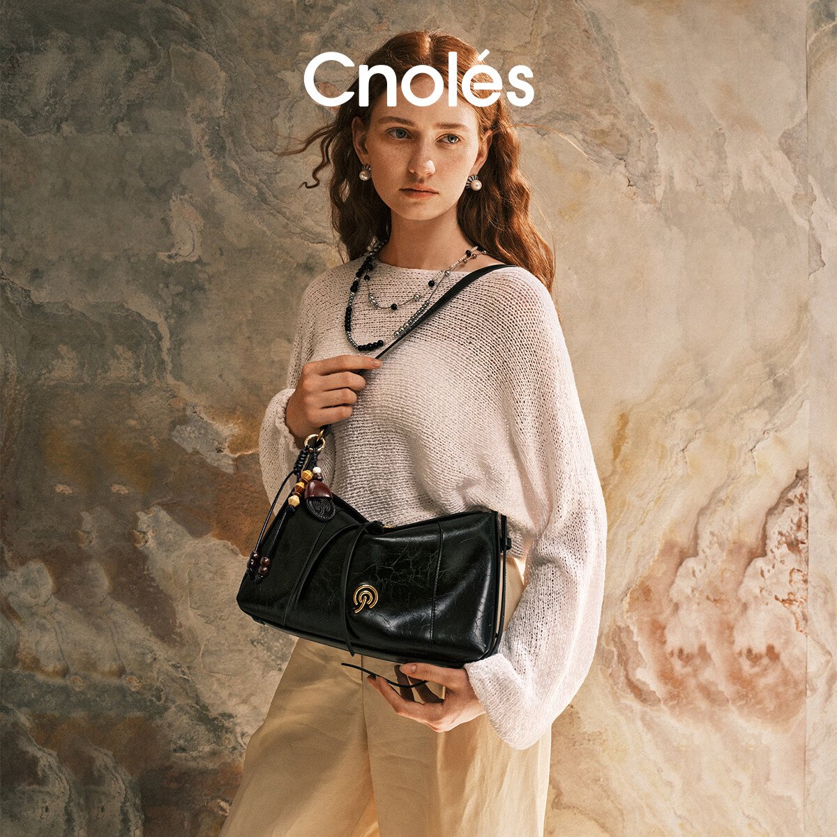 Cnoles Sun Qiantong Style Evening Clear Large Capacity Women's Cowhide Commuter Shoulder Crossbody Hobo Bag Birthday Gift