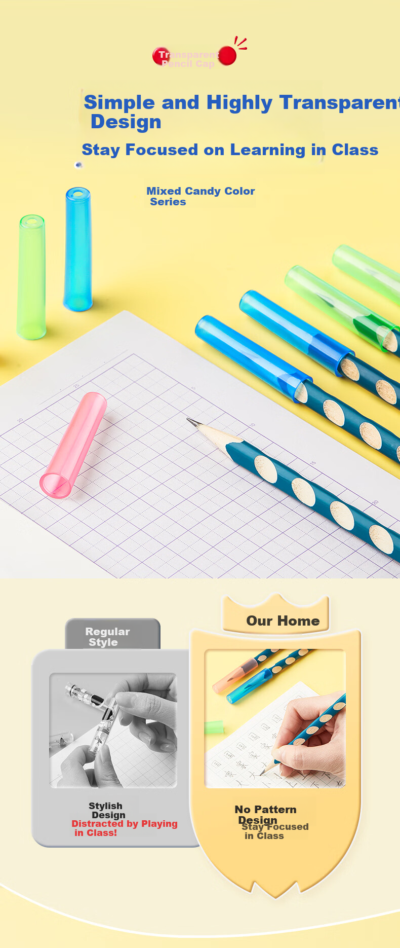 [Back to School Essential] Maotaizi 3-In Pencil Cap, Student Grip Aid, Pencil Tip Protector, Pencil Extender, Pen Point Guard, Anti-Dirt Pencil Case, Compatible with Thick And Thin Pencils, Universal Fit, Pack of 6 1