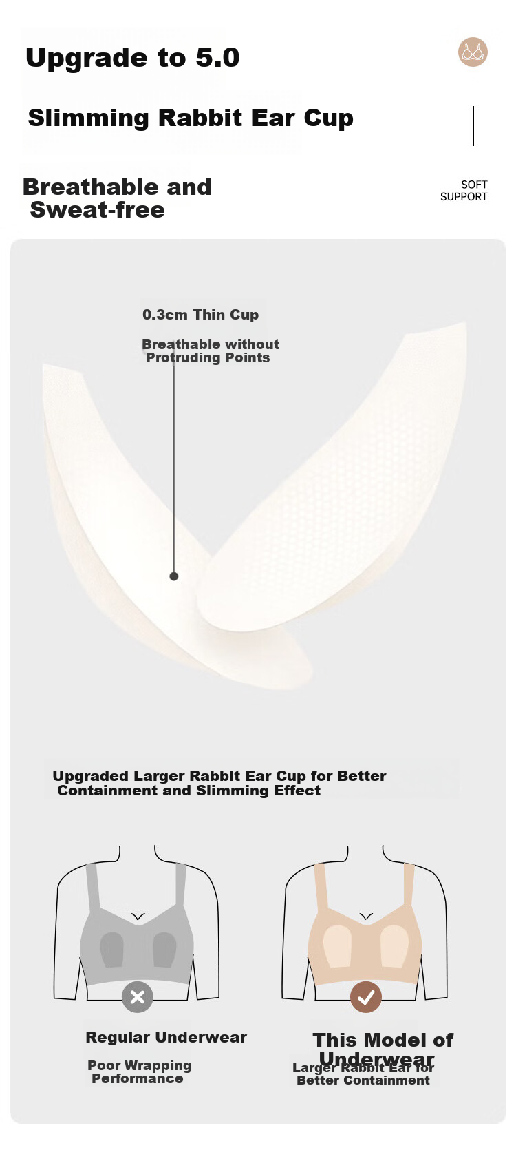 GRACEWELL Seamless Thin Rabbit Ear Cup Bra for Women, Foundation Liquid Skin, Large Breast Minimizing, Anti-Sagging, Side Support Adjustment Brassiere 12