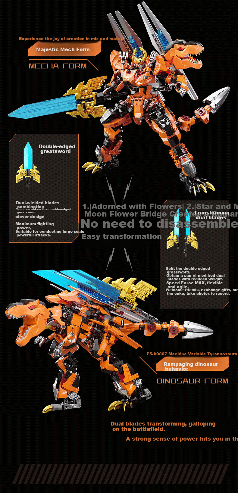 F5 Yilong Dinosaur Building Blocks, Transforming Robot, Direct Transformation Gundam Mecha, Children's Toy, Gift for Boys' Birthday 6