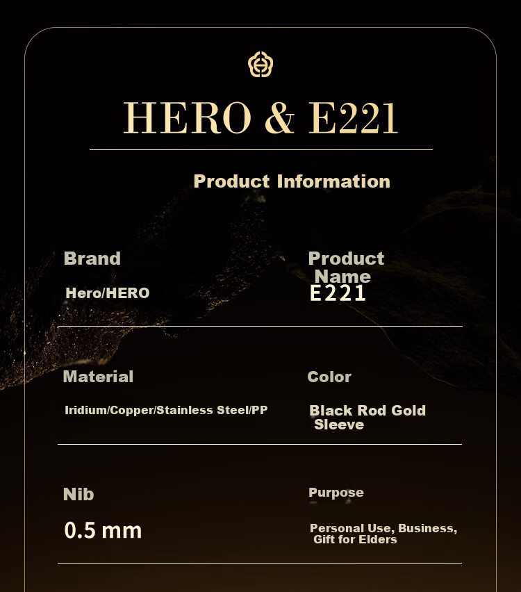 HERO Fountain Pen And Signature Pen E221 Ink Flowing Fragrance Gift Box, Mid-Autumn Festival, National Day, Birthday Gift for Men And Women, High-End Business Stationery Gift, Glossy Black with Gold Clip 10