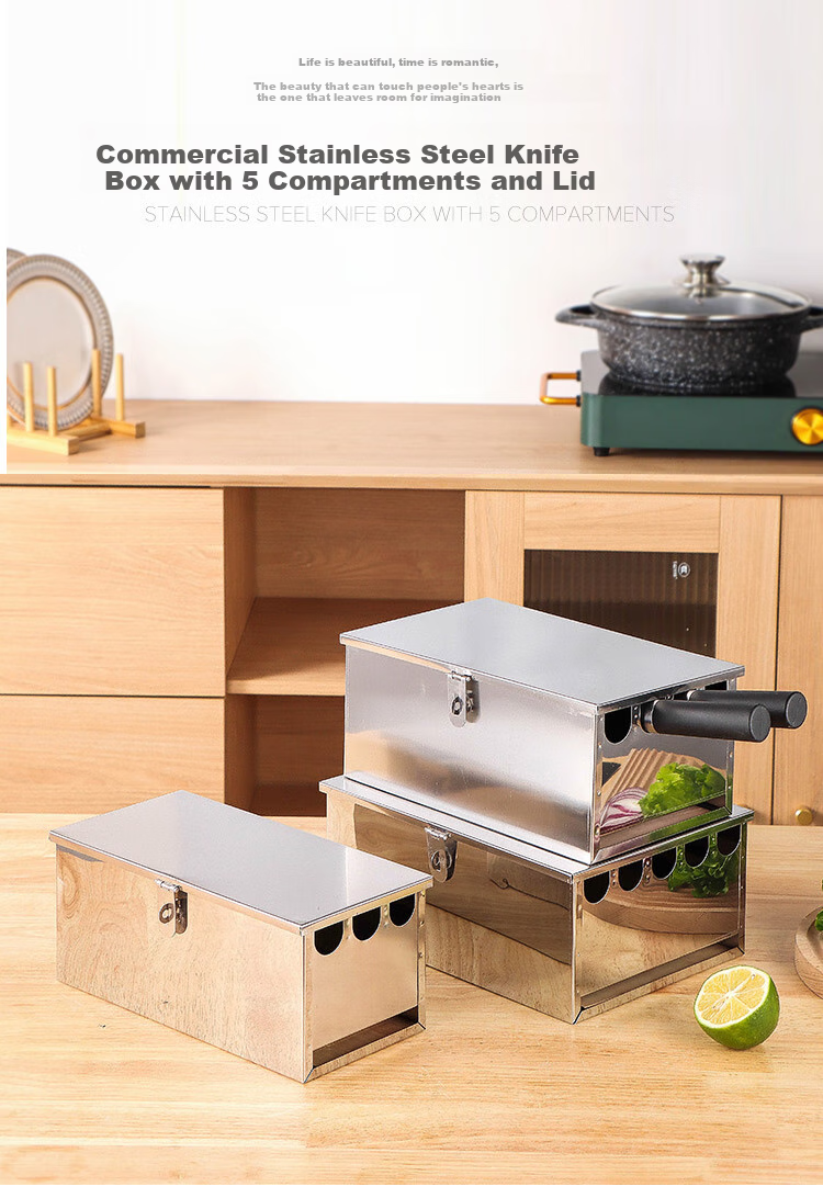 Quanshi Hotel-Specific Stainless Steel Knife Box, Commercial Knife Rack, Large Knife Holder with Lock, Storage Box, Organizer Shelf, 5 Compartments with Lid 1